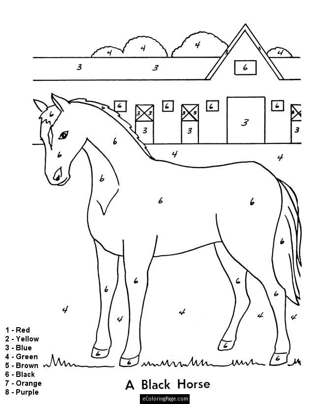 Color by numbers horse and stable coloring pages for kids 