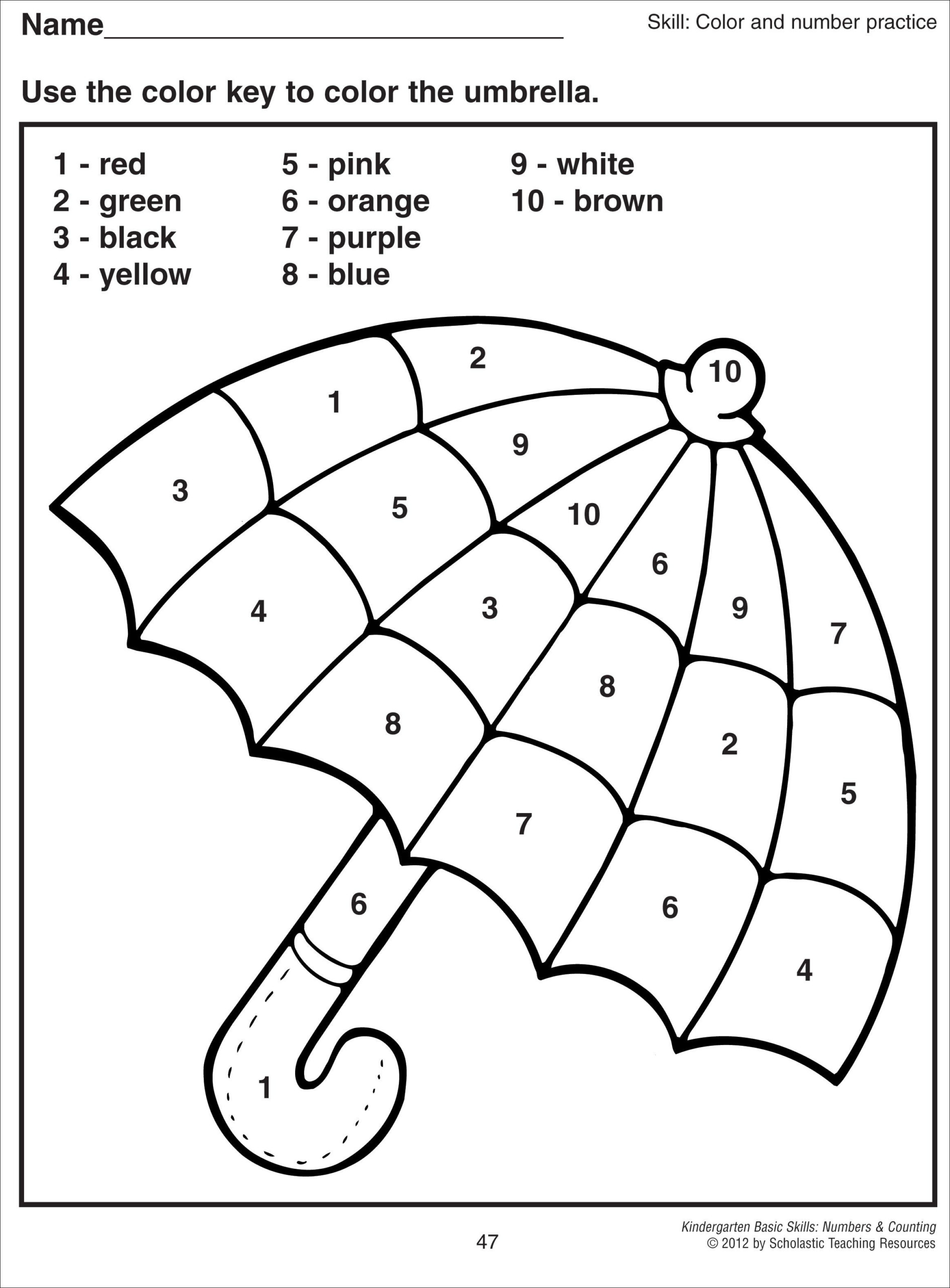 Color By Numbers Umbrella Kindergarten Coloring Pages 