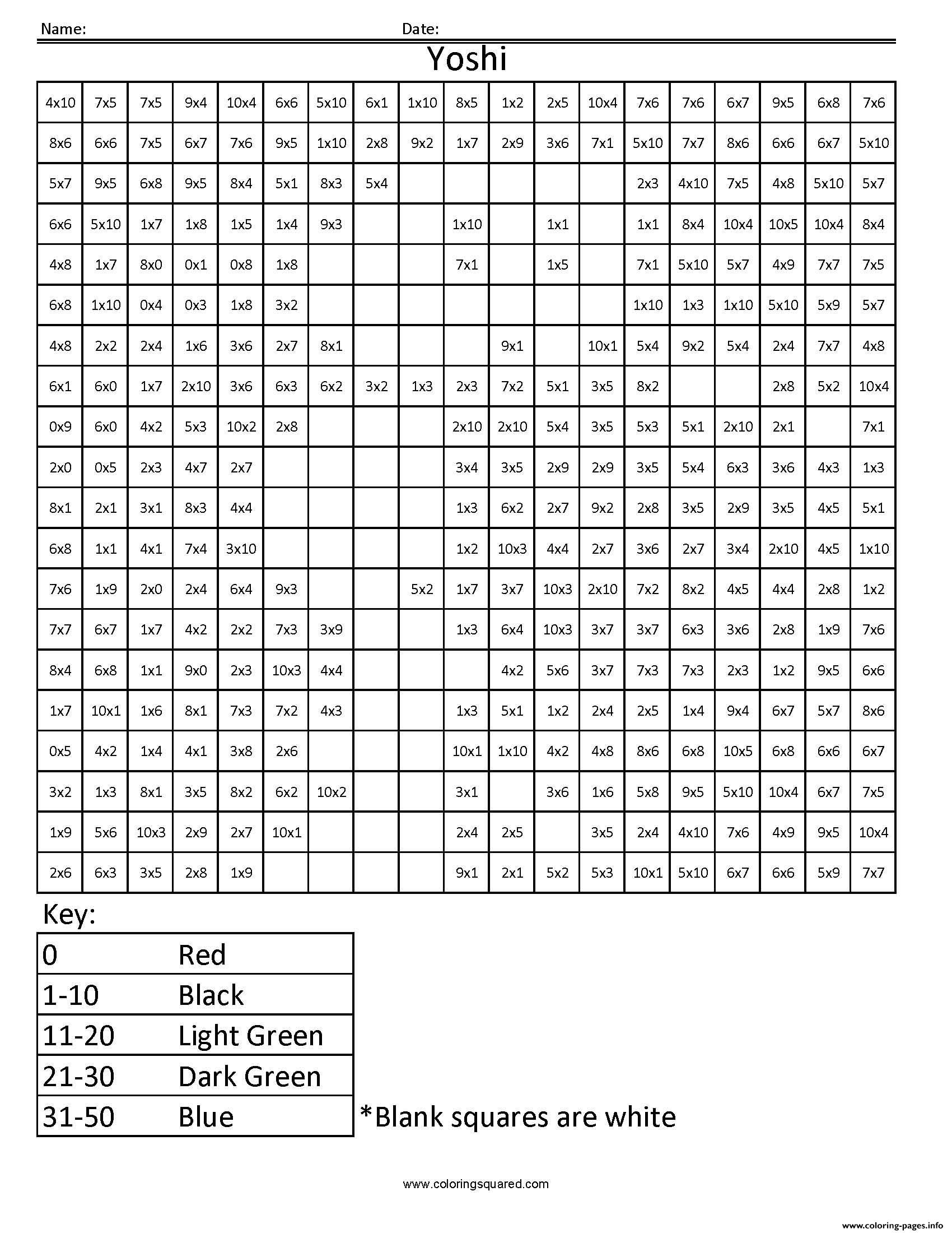 Print Yoshi Nintendo Multiplication Coloring Worksheet 