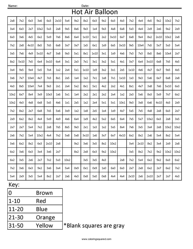 Printable Multiplication Color Worksheet Hot Air Balloon