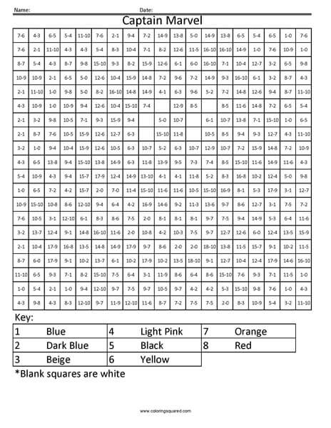 Captain Marvel Subtraction Coloring Coloring Squared