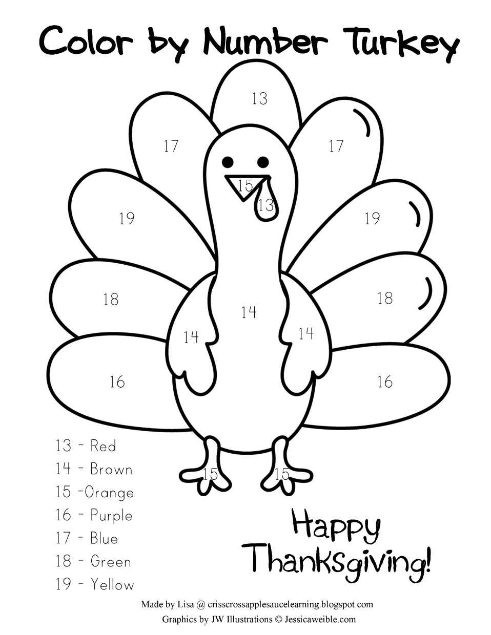 Color by number turkey pdf Thanksgiving School 