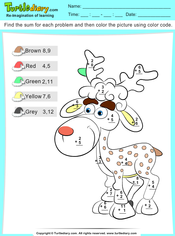Color By Sum Reindeer Worksheet Turtle Diary