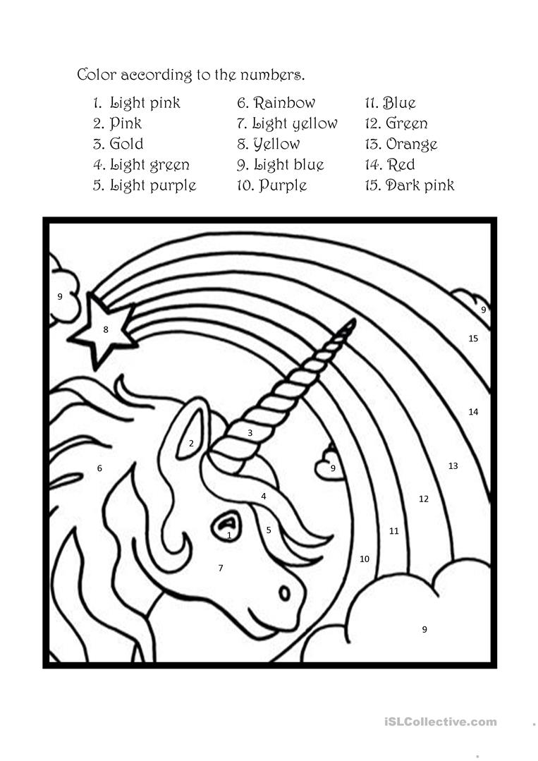 Color The Unicorn According To The Numbers English ESL 