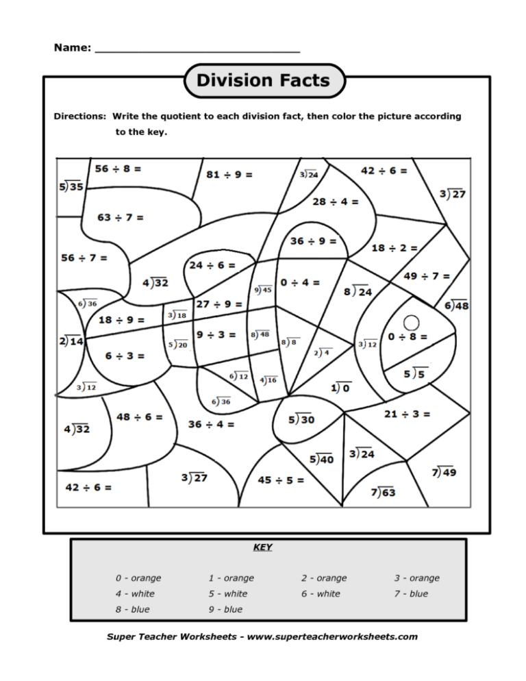 Coloring Pages DIVISION COLOR BY NUMBER WORKSHEET