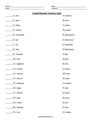English Spanish Numbers Quiz Free Printable 