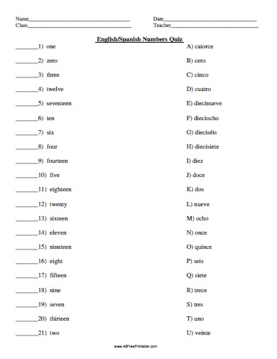 English Spanish Numbers Quiz Free Printable