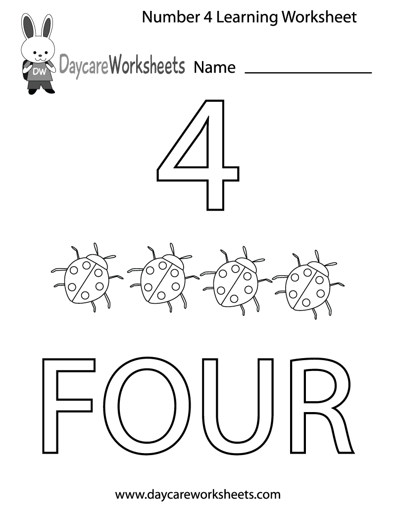 Free Preschool Number Four Learning Worksheet
