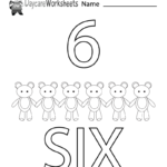 Free Preschool Number Six Learning Worksheet