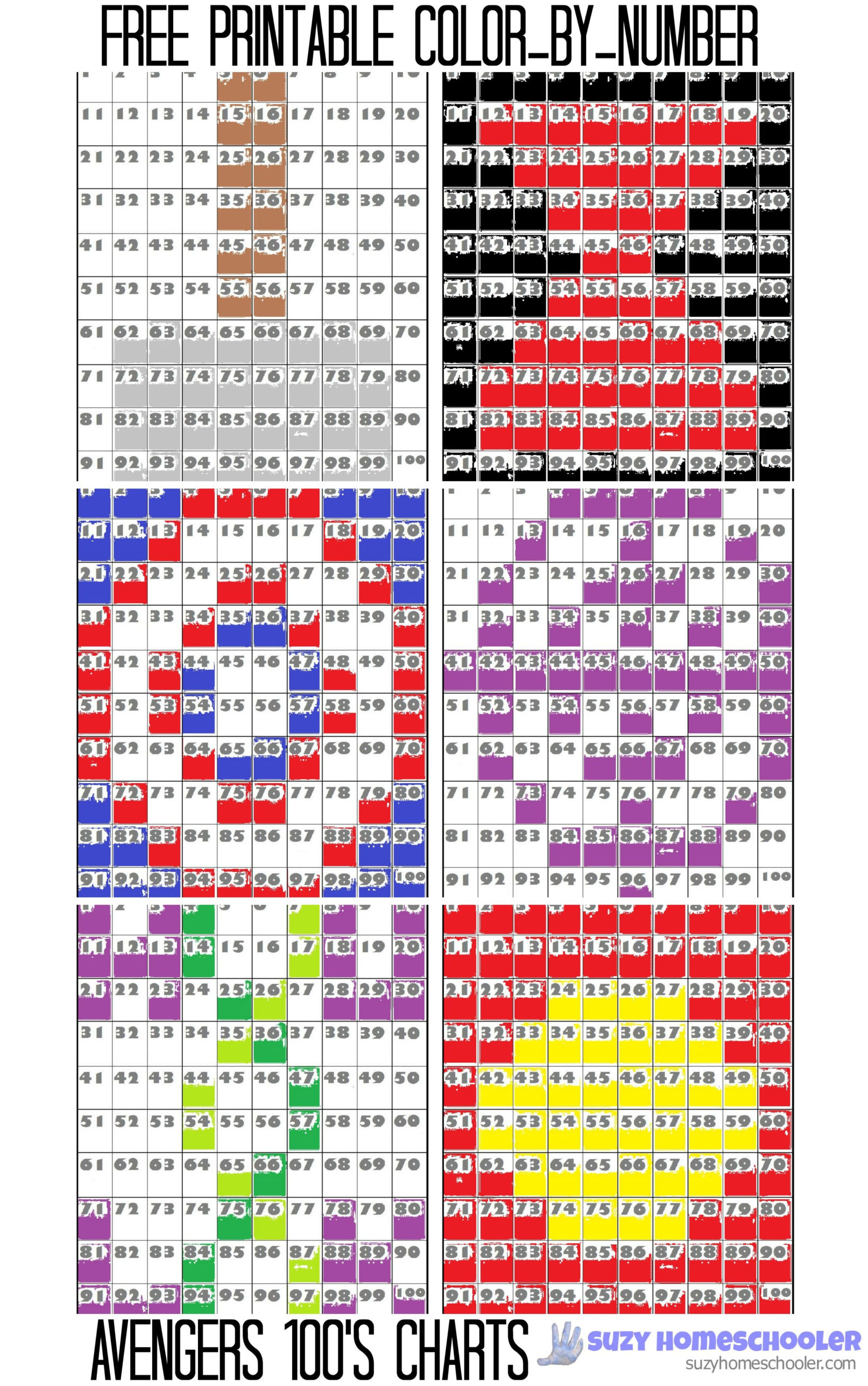 Free Printable Color by Number Avengers 100 s Charts 
