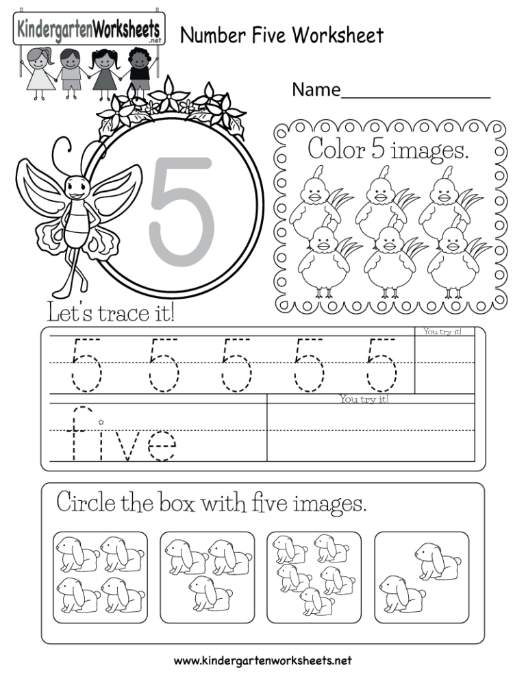 Free Printable Number Five Worksheet For Kindergarten