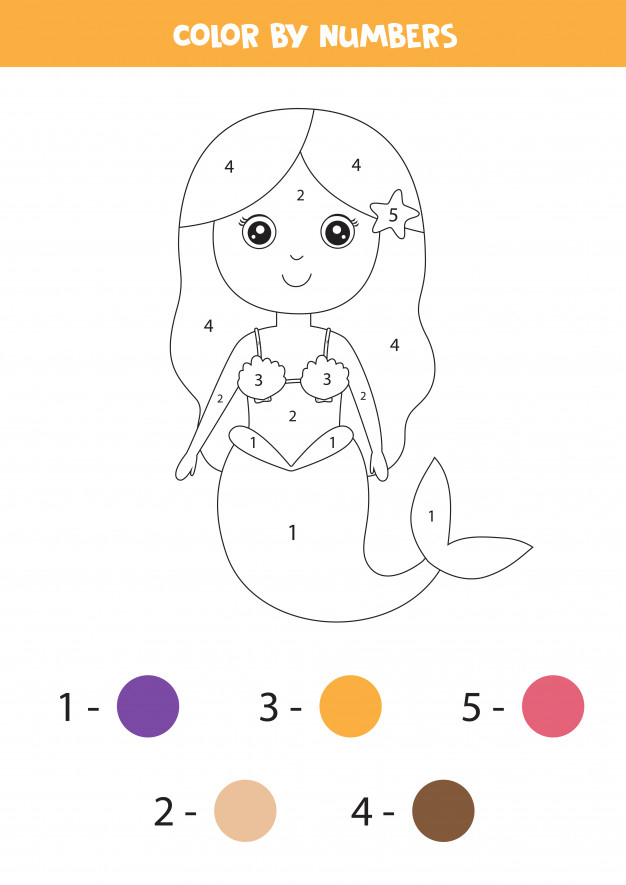 Math Game For Children Color Cute Mermaid By Numbers 