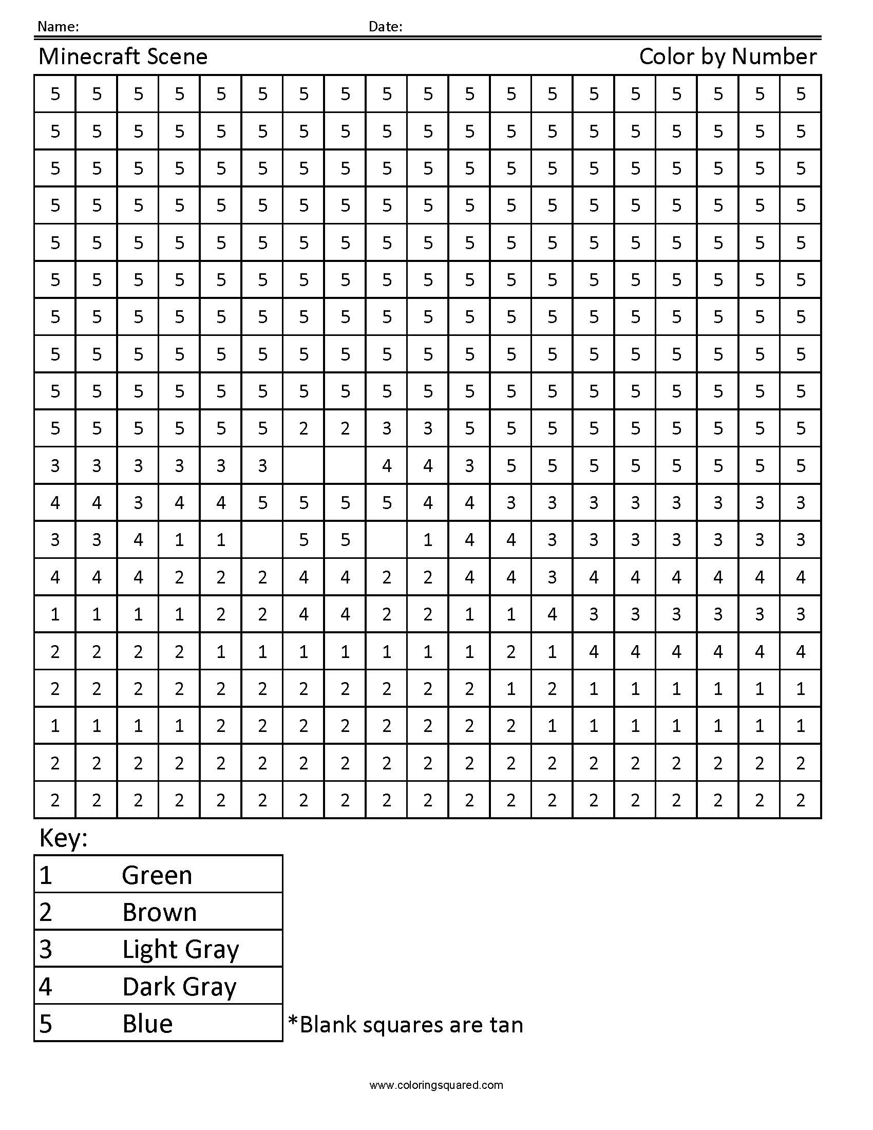 Minecraft Scene Color By Number Coloring Squared