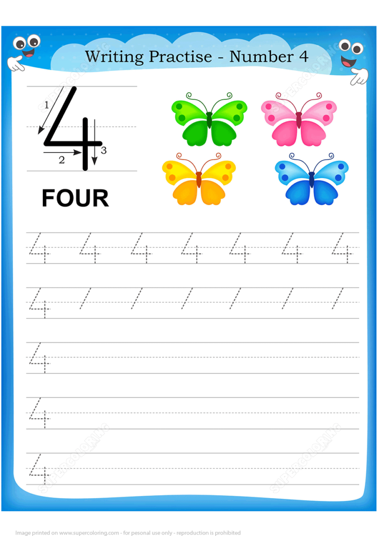 Number 4 Handwriting Practice Worksheet Free Printable