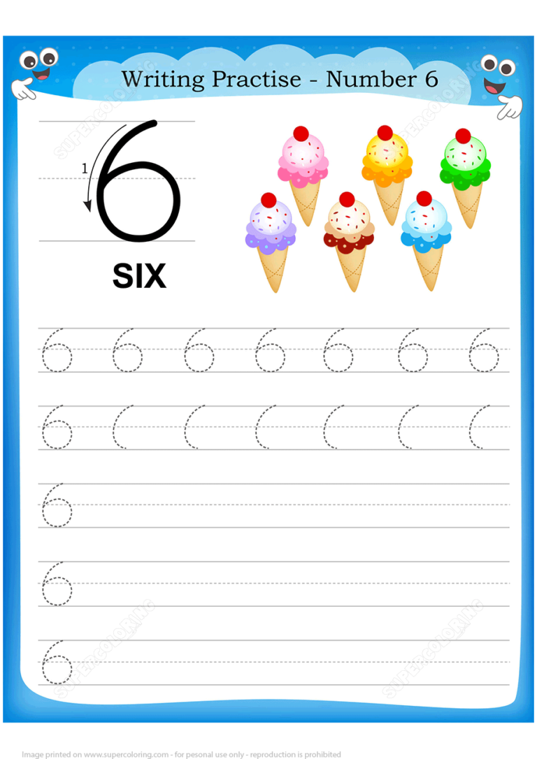 Number 6 Handwriting Practice Worksheet Free Printable