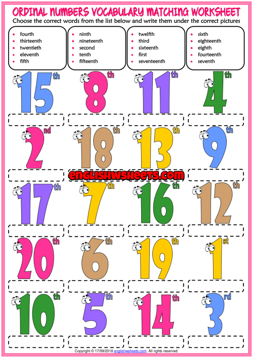 Ordinal Numbers ESL Printable Matching Exercise Worksheet 