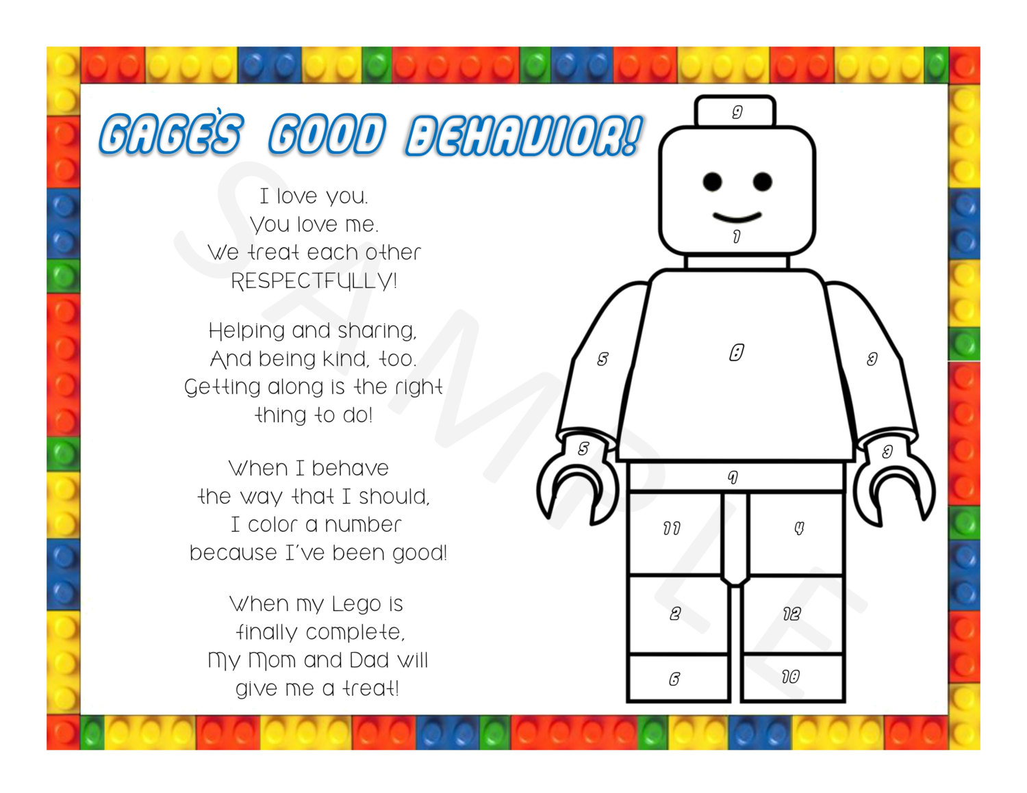 Personalized Lego Color The Number Behavior Chart By 