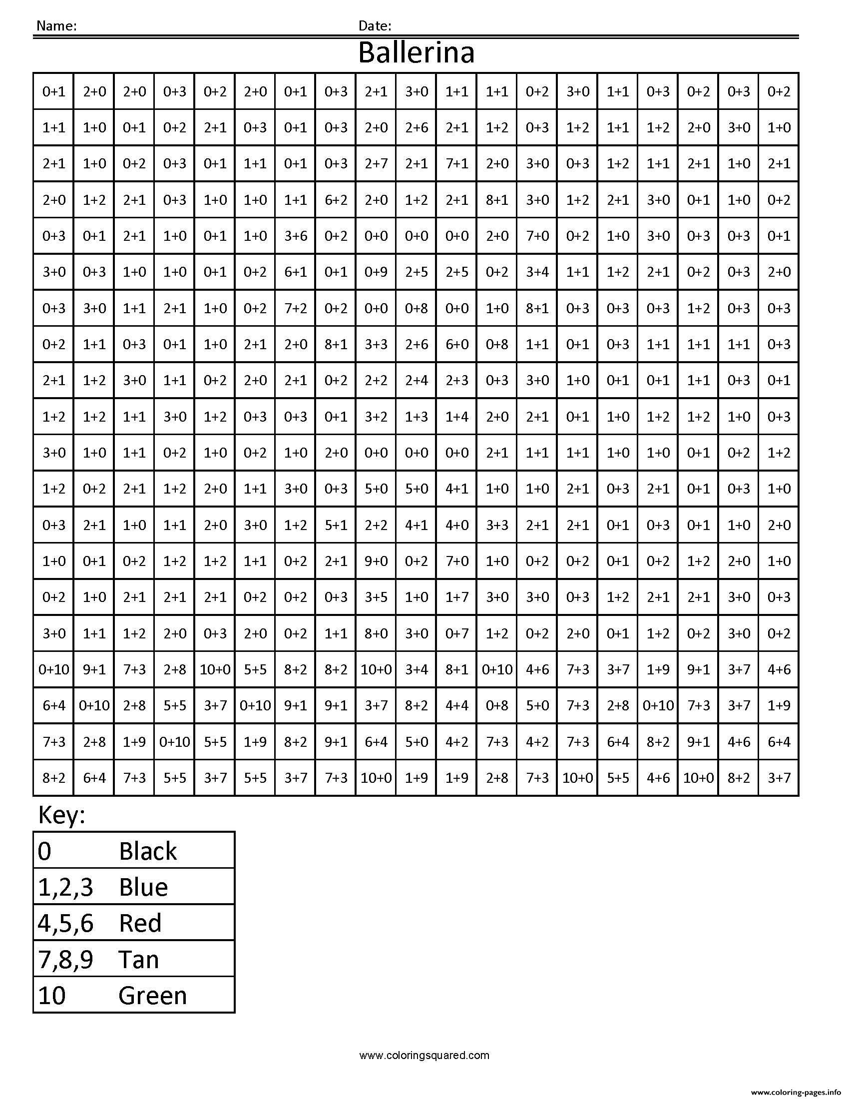 Print Ballerina Color By Number Addition Math Practice 