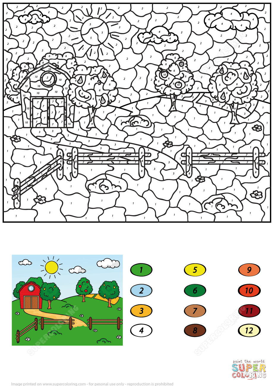 Rural Landscape With Barn Fruit Trees And Fields Color By Rural Landscape With Barn Fruit Trees And Fields Color By