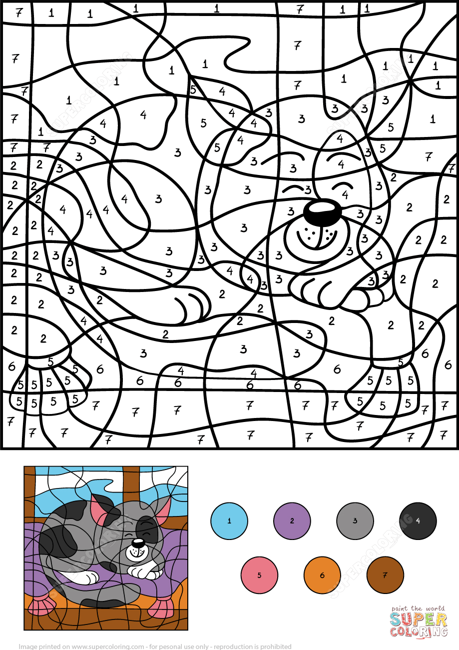 Sleepy Cat Color By Number Free Printable Coloring Pages