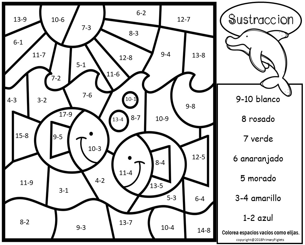 Spanish Color By Number Subtraction Ocean Set Madebyteachers