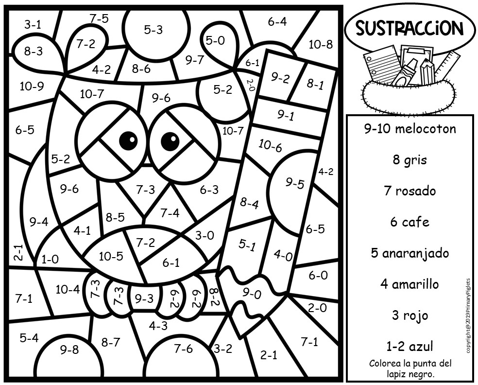 Subtraction Color By Number In Spanish Back To School 