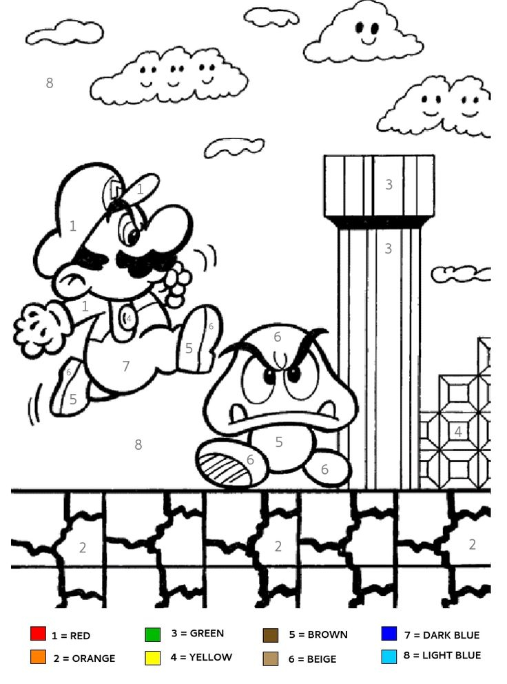 Super Mario Brothers Kids Color By Number Coloring Page 