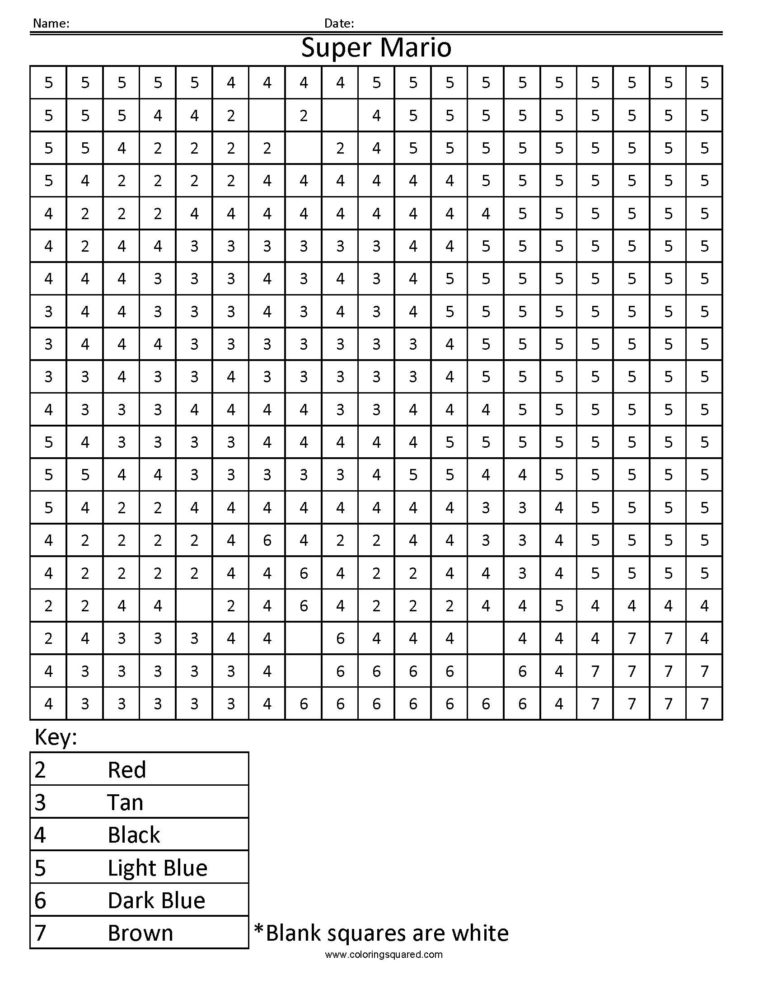 Super Mario Color By Number Coloring Squared