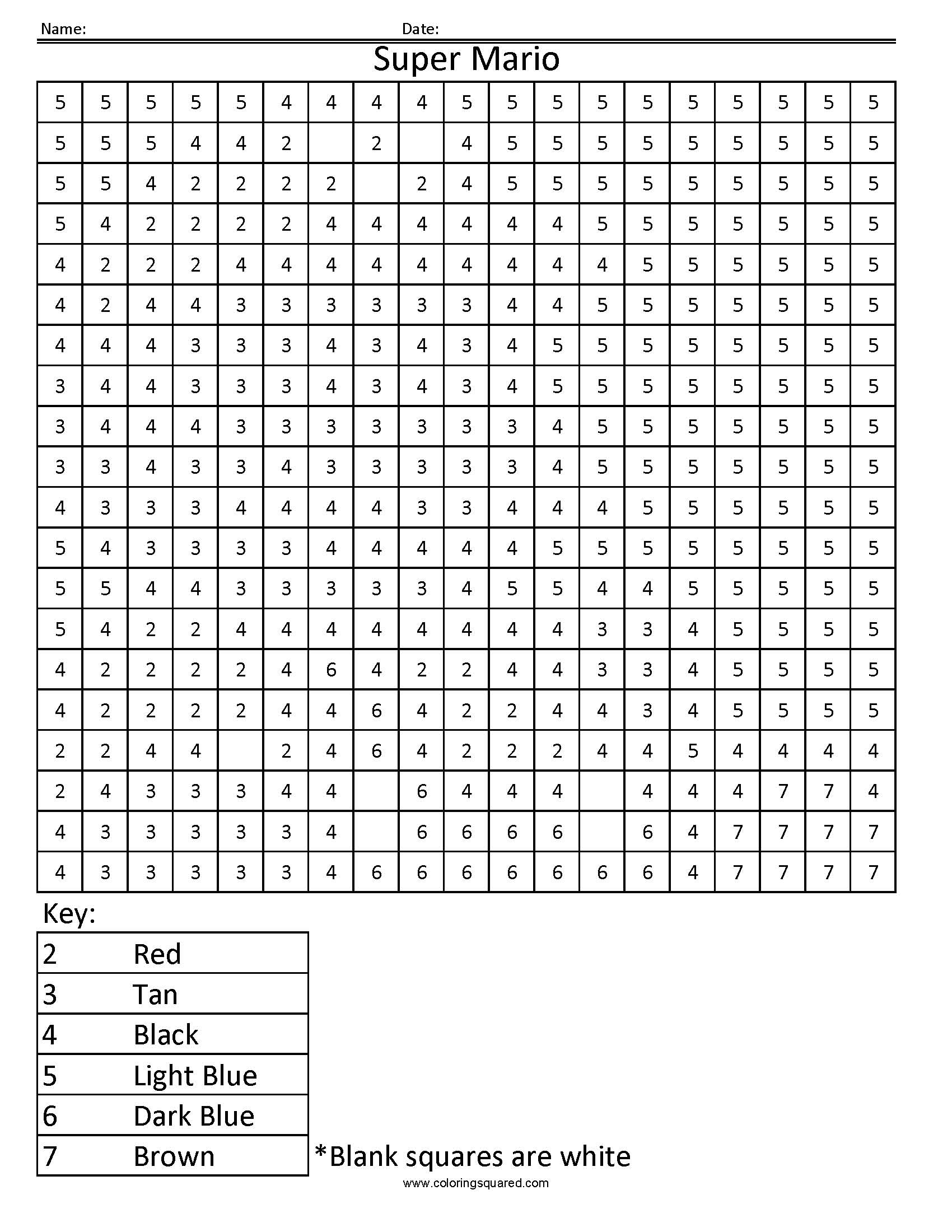 Super Mario Color By Number Coloring Squared