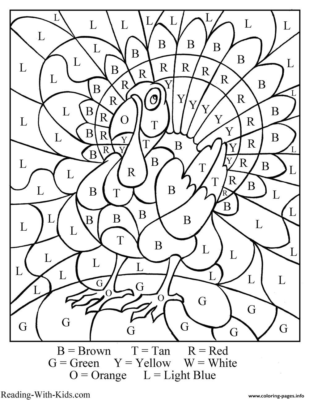 Thanksgiving Turkey Color By Number Letter Coloring Pages 