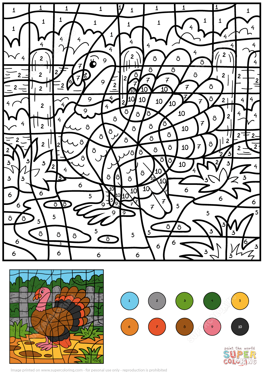 Turkey Color By Number Free Printable Coloring Pages