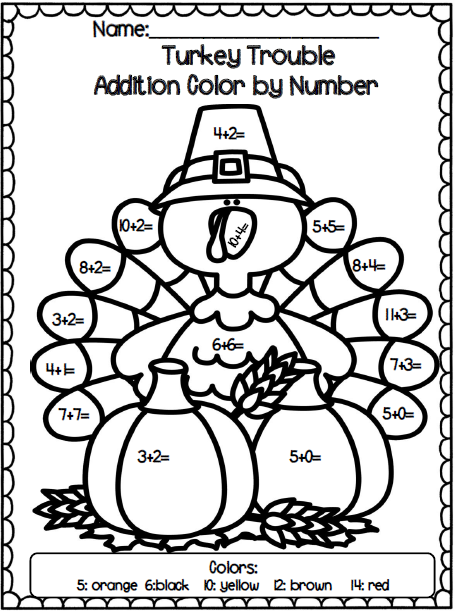 Turkey Trouble Addition Color By Number Common Core