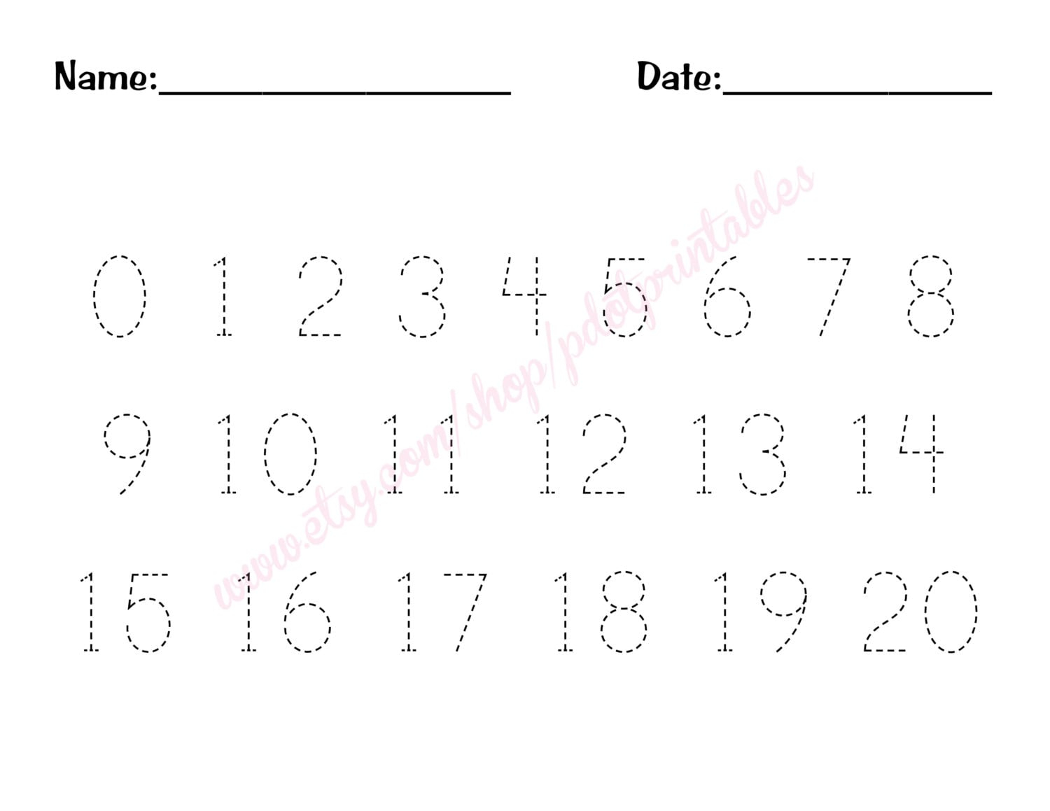 0 20 Number Trace Worksheet PDF Printable Preschool Etsy