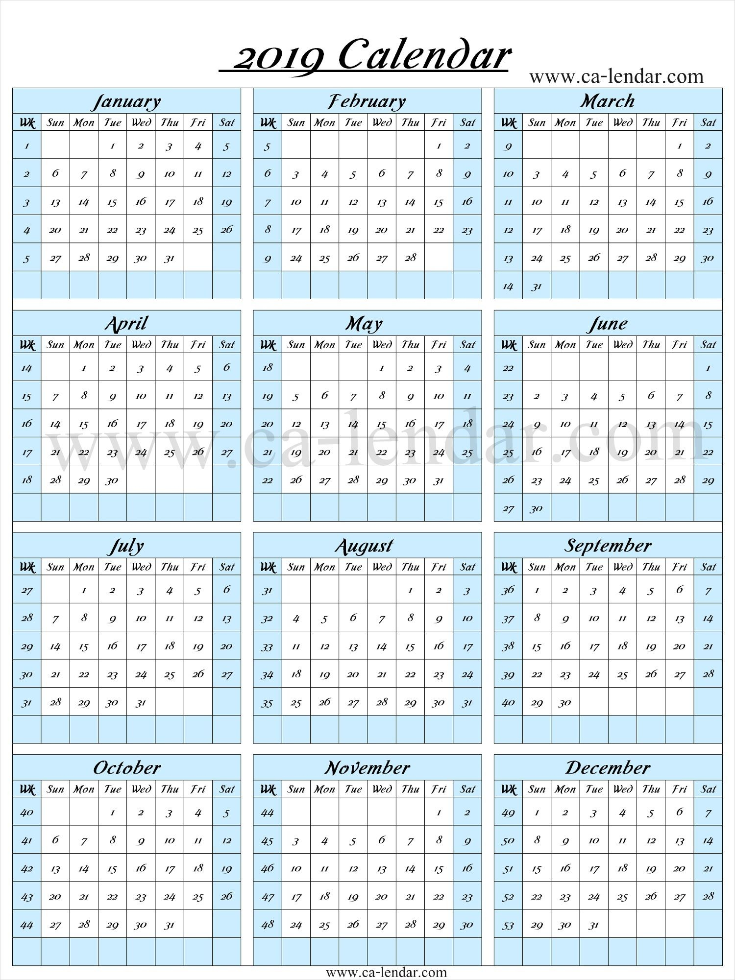 2019 Calendar With Week Numbers Calendar With Week 
