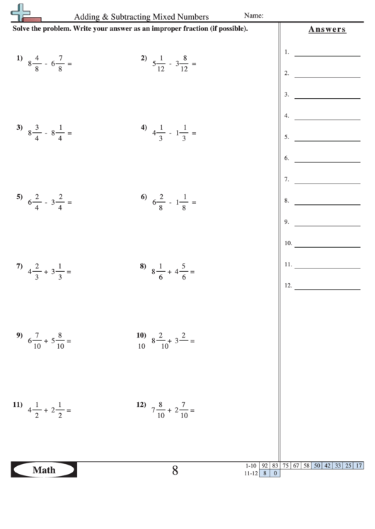 Adding And Subtracting Mixed Numbers Worksheet With Answer 
