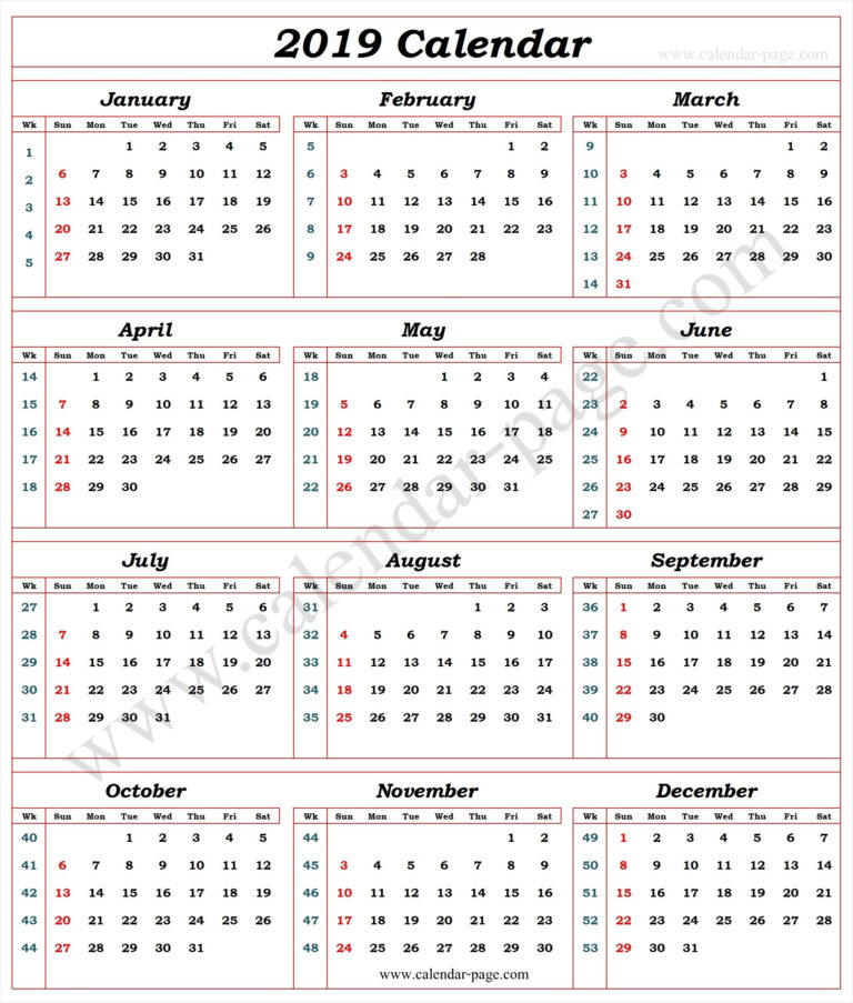 Calendar 2019 With Week Numbers Calendar With Week