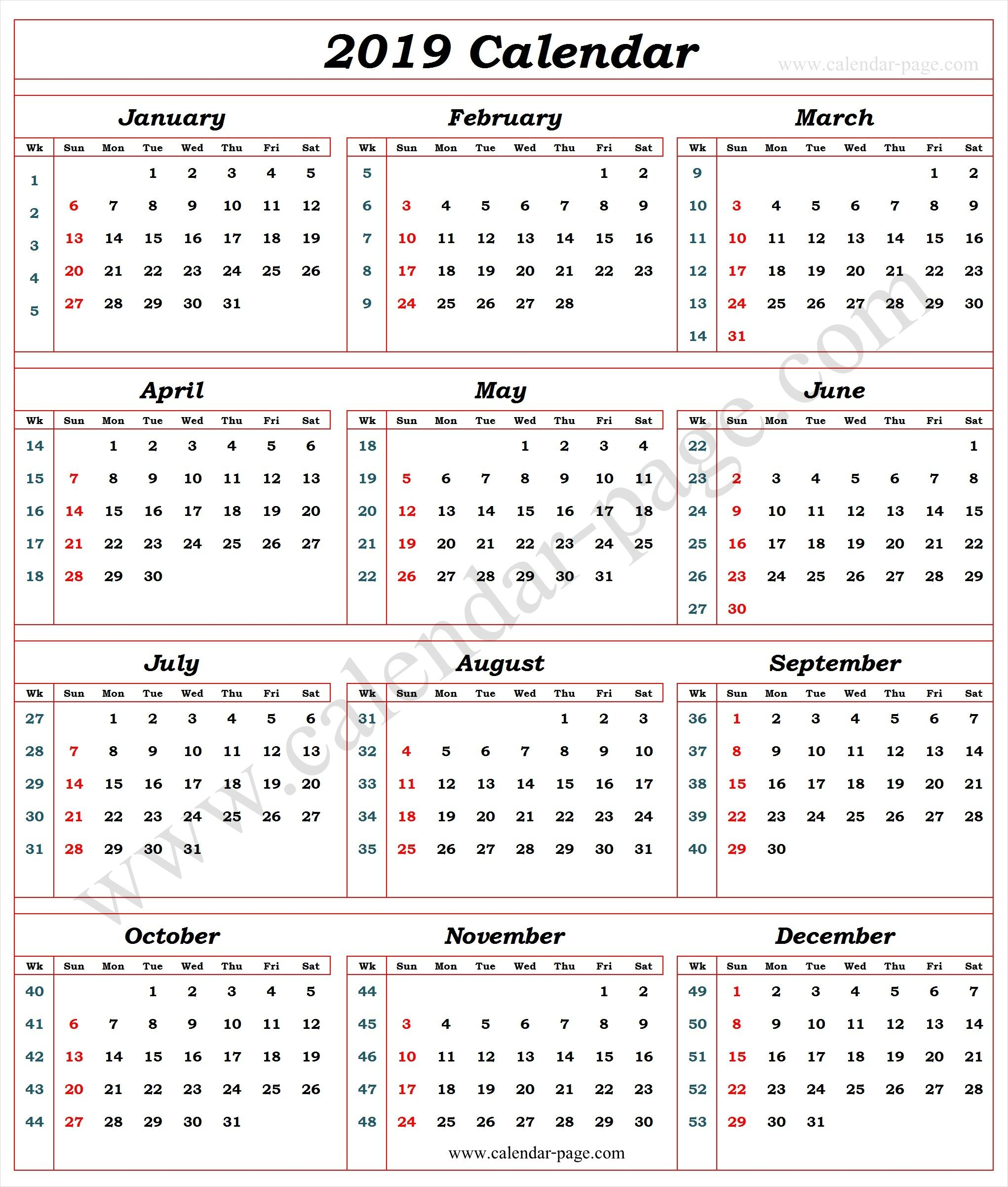 Calendar 2019 With Week Numbers Calendar With Week 