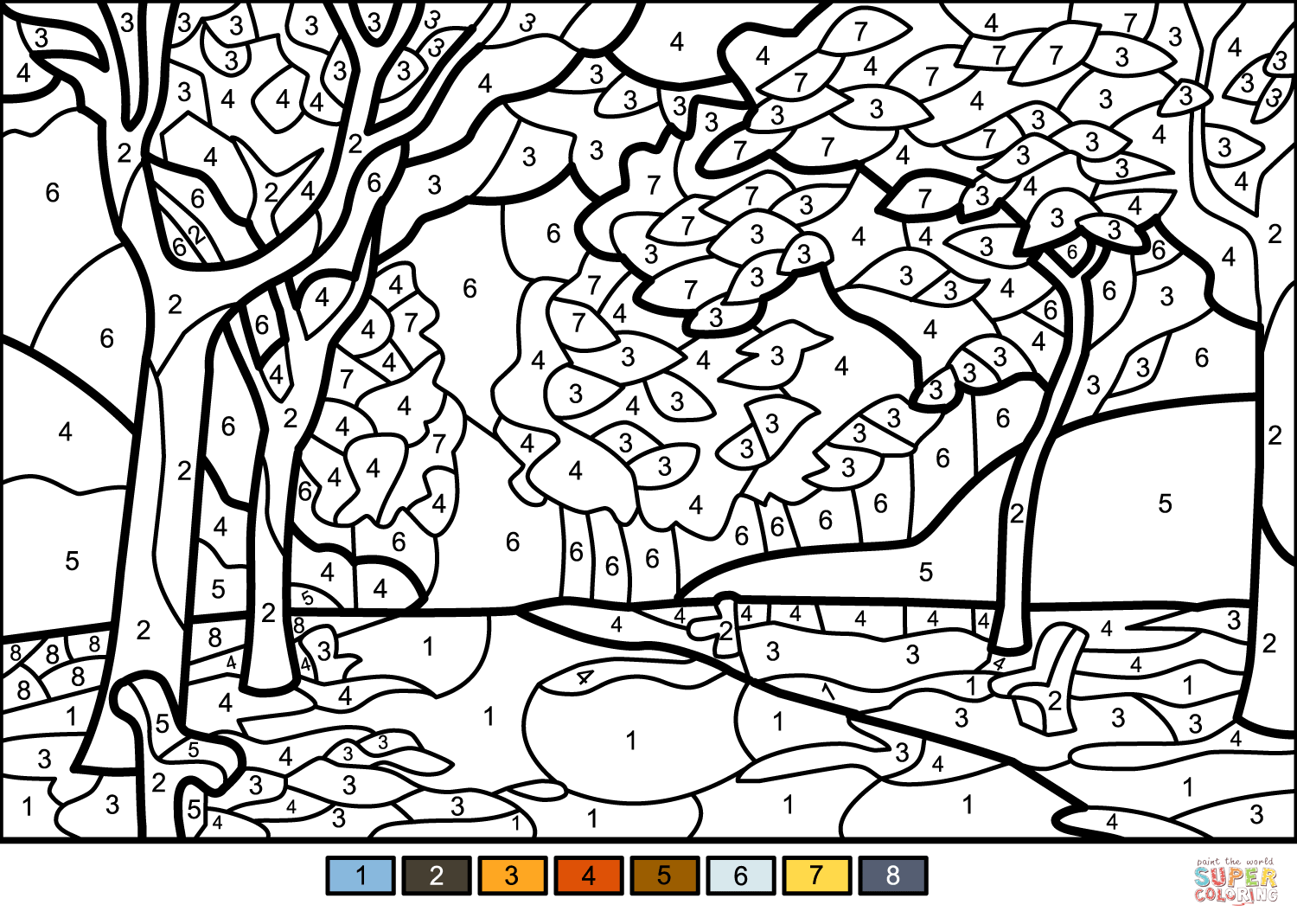 Fall Trees Color By Number Free Printable Coloring Pages