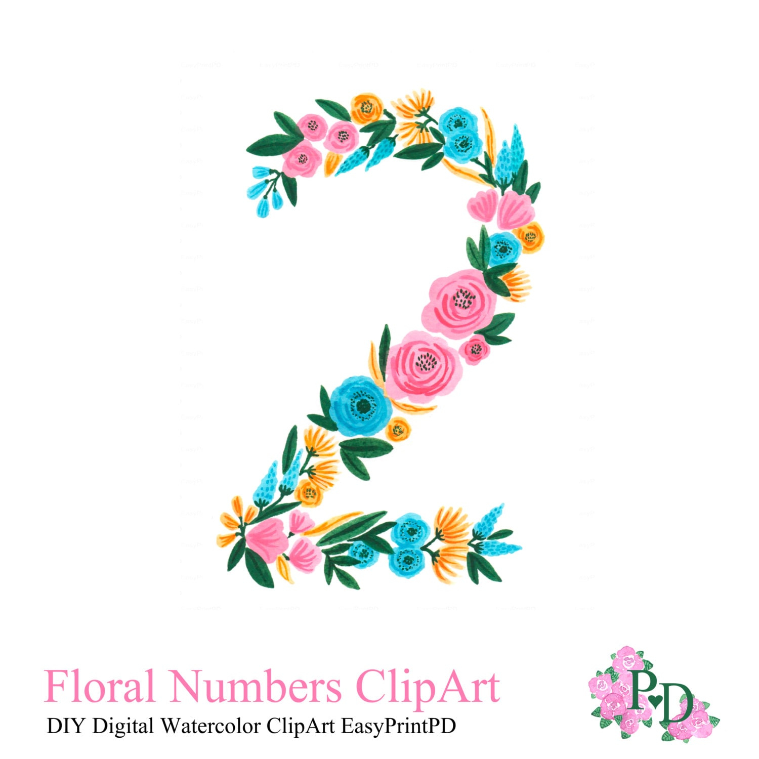 Floral Numbers Print Watercolor Clipart Number 2 Printable