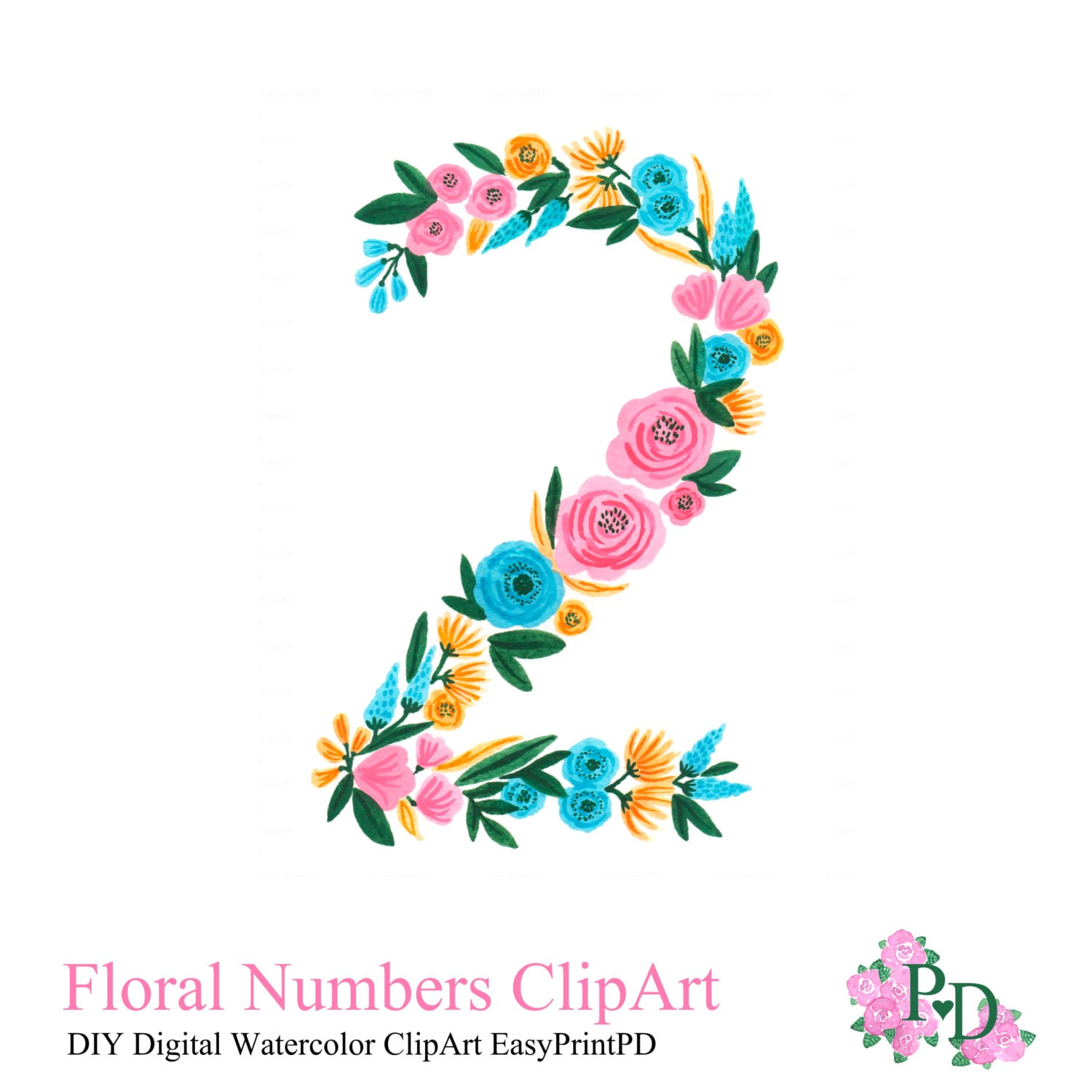 Floral Numbers Print Watercolor Clipart Number 2 Printable Floral Numbers Print Watercolor Clipart Number 2 Printable