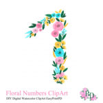 Floral Numbers Print Watercolor Clipart Number One Watercolor