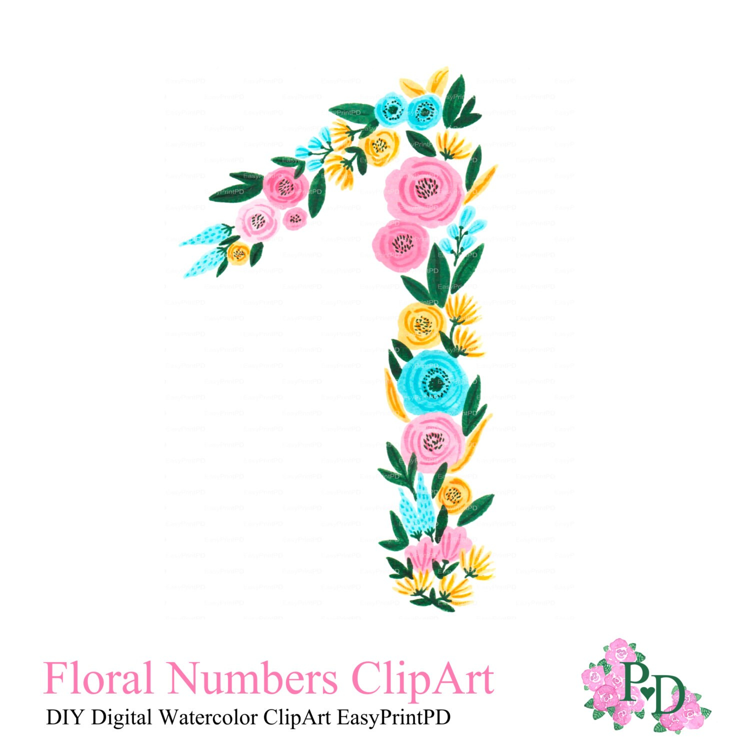 Floral Numbers Print Watercolor Clipart Number One Watercolor