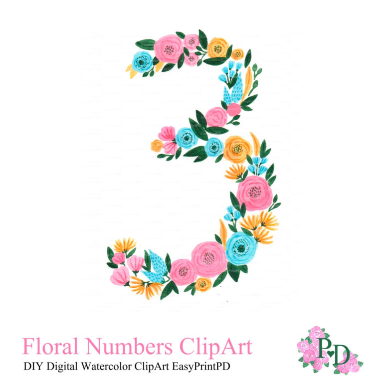 Floral Numbers Print Watercolor Clipart Photo Prop Number 3