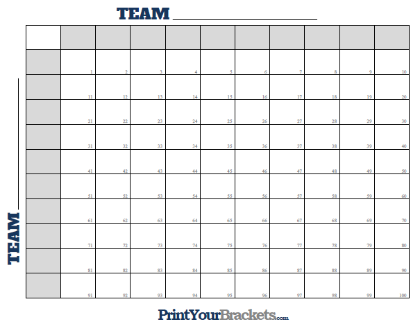 Football Squares Numbered 1 Through 100