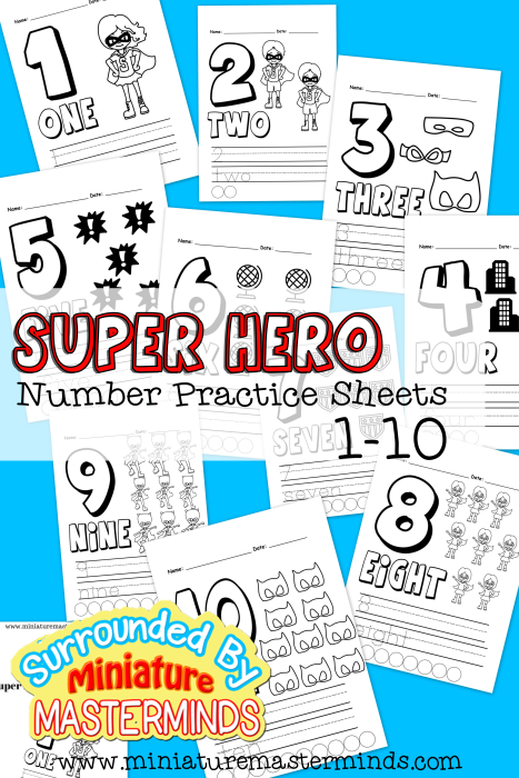 Free Printable Super Hero Number Practice Sheets 1 10 Free Printable Super Hero Number Practice Sheets 1 10