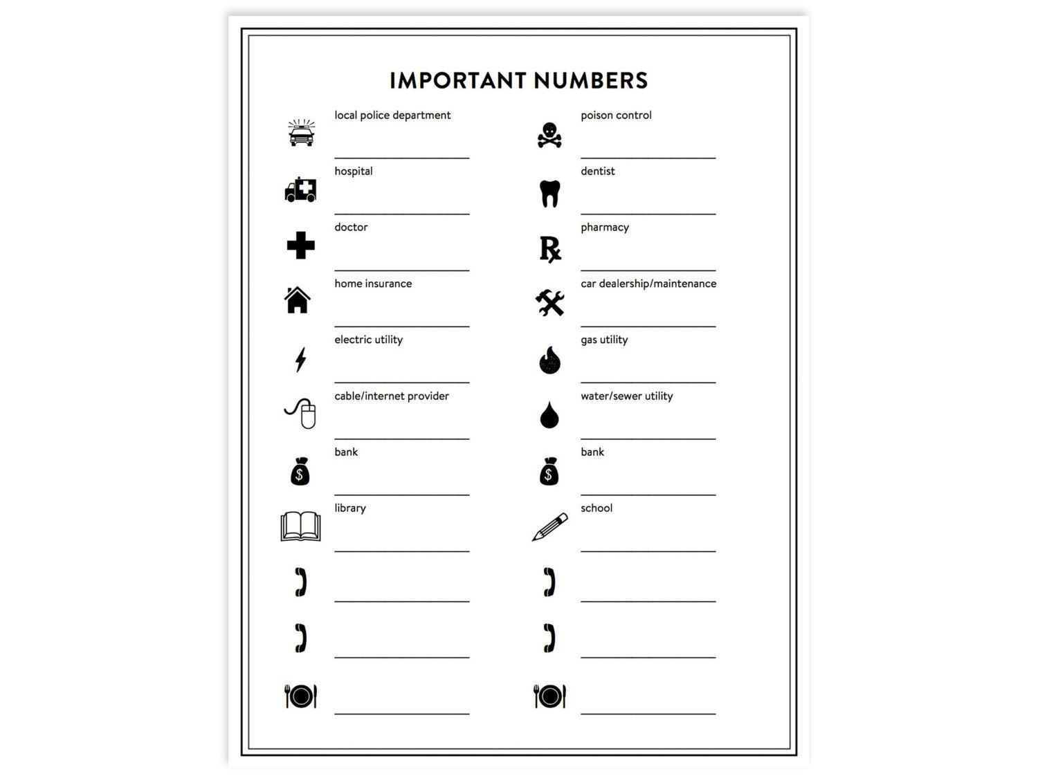 Important Phone Numbers Printable INSTANT DOWNLOAD Etsy 