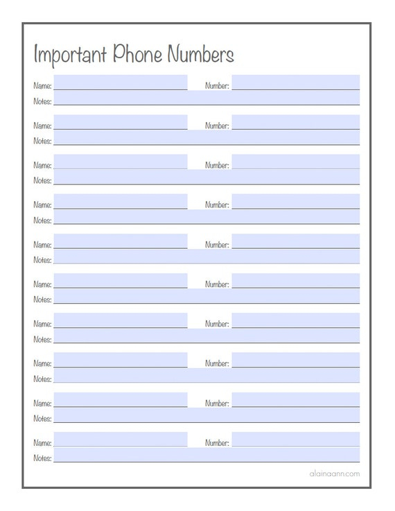 Important Phone Numbers Printable Type Ready Editable