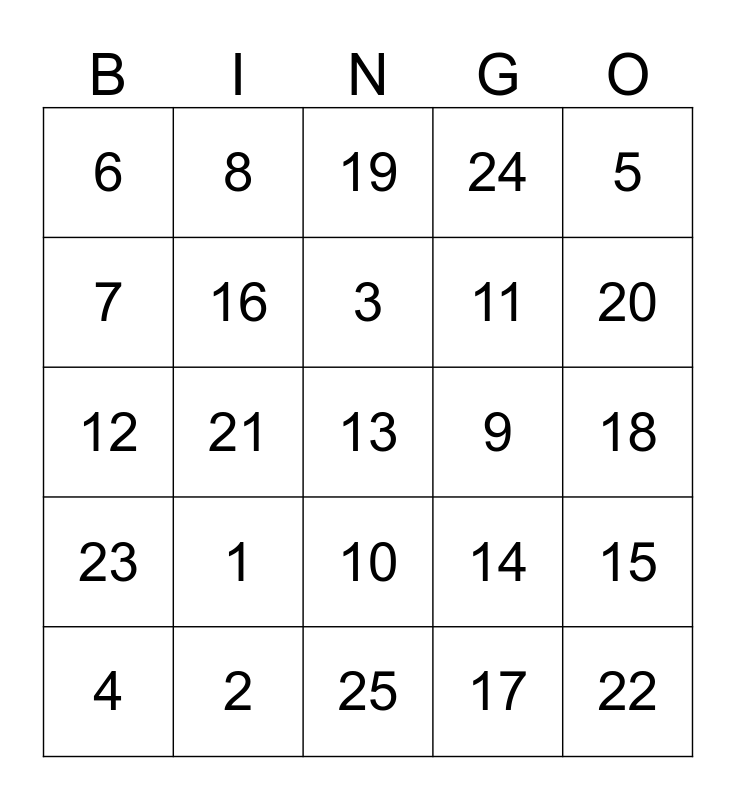 Number 1 25 Bingo Card Number 1 25 Bingo Card