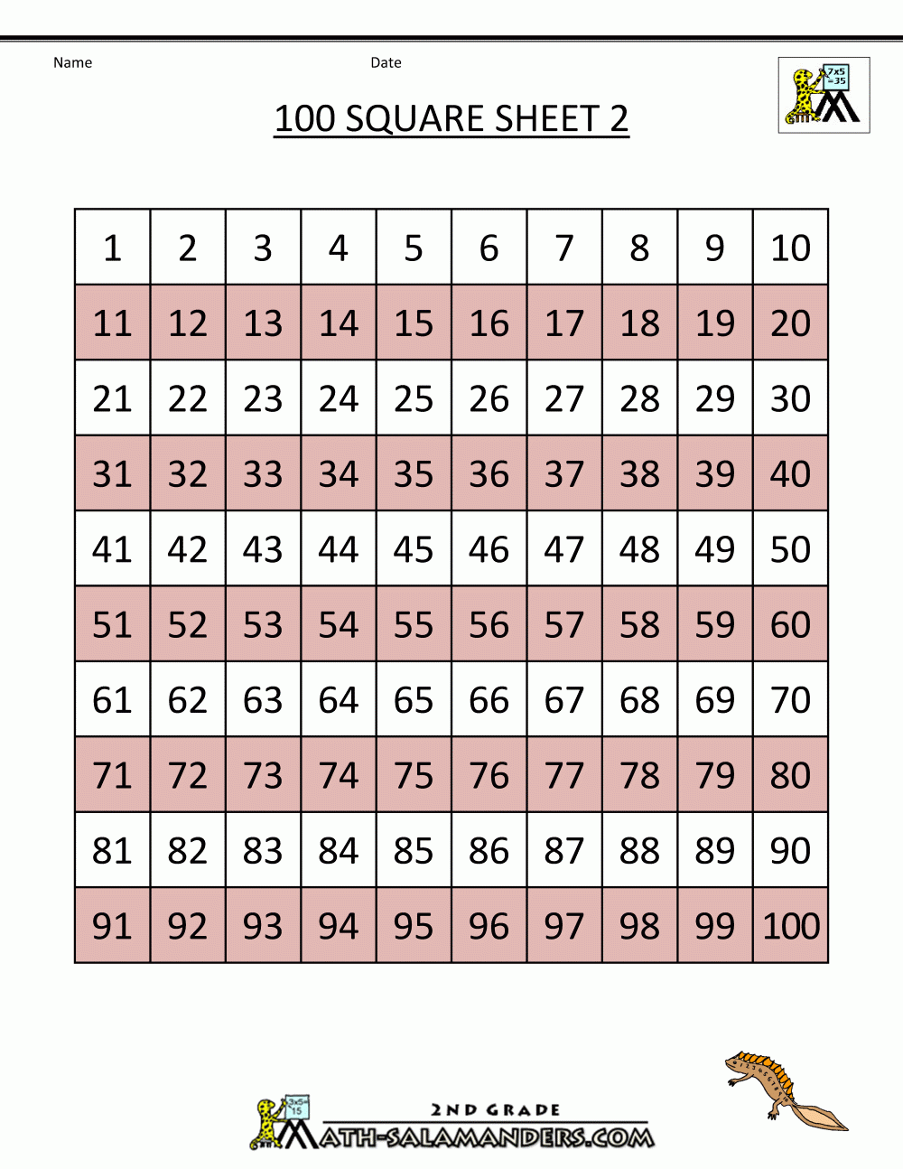 Number Squares Worksheets