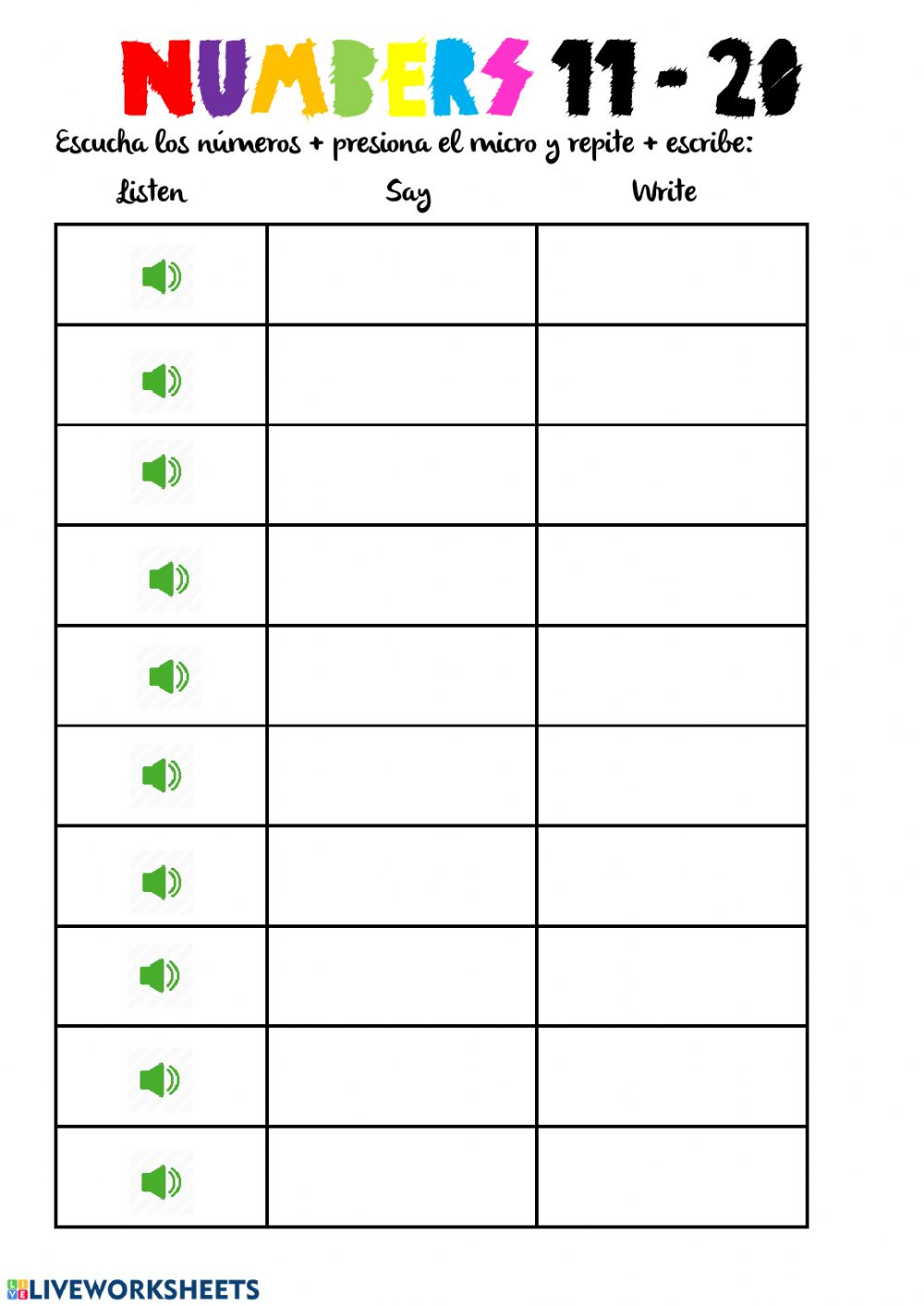 Numbers 11 20 Worksheet